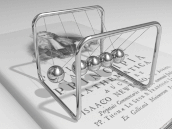 animated GIF of newton's cradle showing silver balls in motion