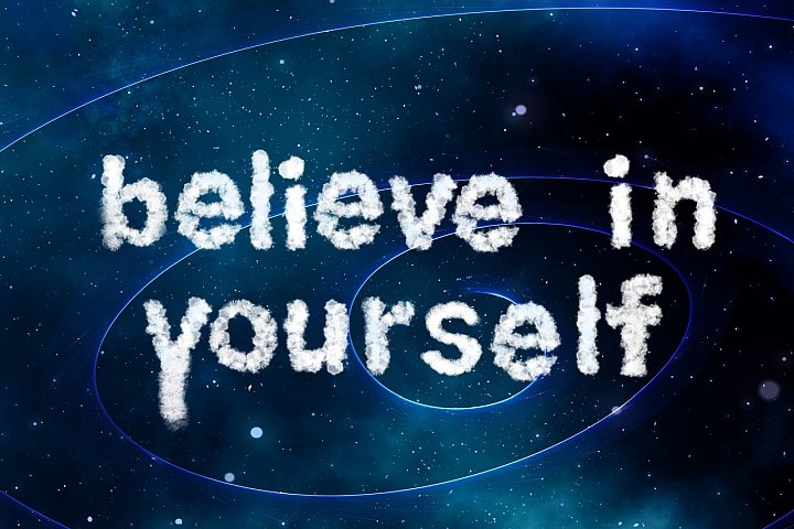 words "believe in yourself" on a blue background