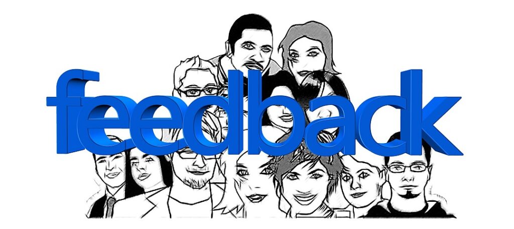 black and white drawing of diverse young men and women with the word "feedback" shown in front of them