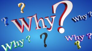 The word "why" and question marks repeating on a blue background