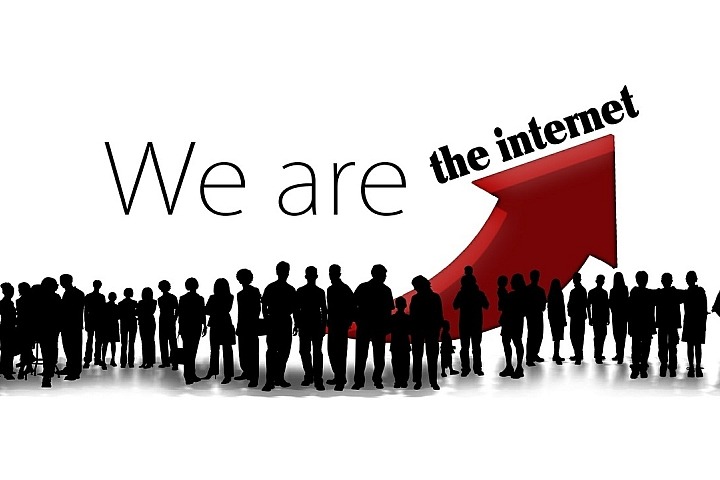 silhouette images of people before the words "we are the internet" and a red arrow pointing upward