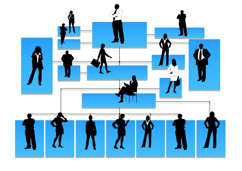 silhouette image of business workers in an organizational chart
