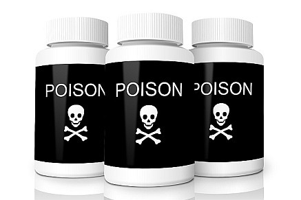 three medication bottles with the word poison and the skull bone image on them