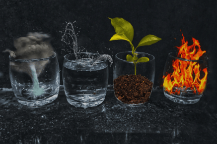 Four glasses each showing one of the four elements (air, water, earth, and fire) within them
